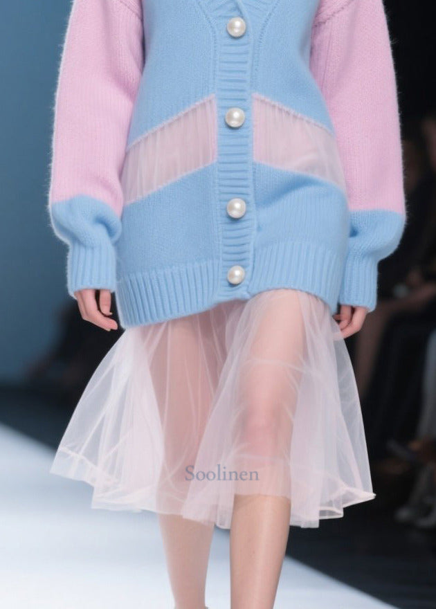 Colorblock Hollow Out Patchwork Tulle Knitwear Dress Fall