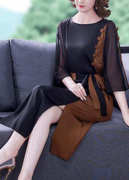 Colorblock O-neck Cinched Patchwork Side Open Silk Holiday Dress Summer