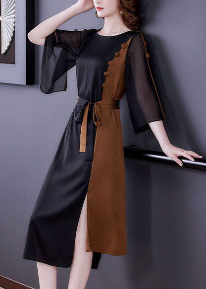 Colorblock O-neck Cinched Patchwork Side Open Silk Holiday Dress Summer