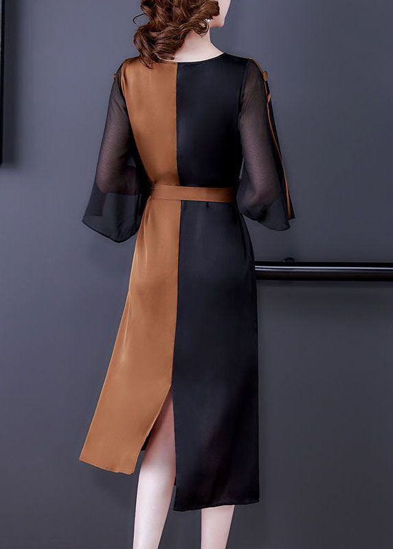 Colorblock O-neck Cinched Patchwork Side Open Silk Holiday Dress Summer