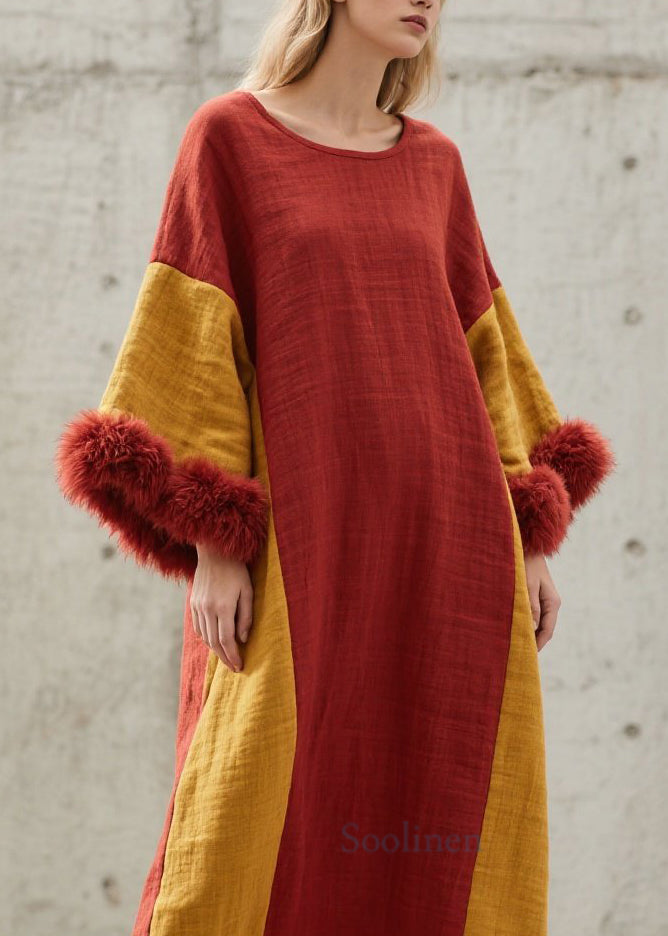 Colorblock O Neck Fuzzy Fur Patchwork Cotton Long Dresses Fall