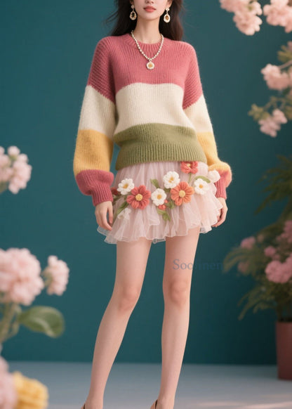 Colorblock O Neck Knit Short Sweaters Winter