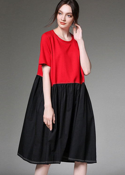 Colorblock O Neck Patchwork Cotton Dress Half Sleeve