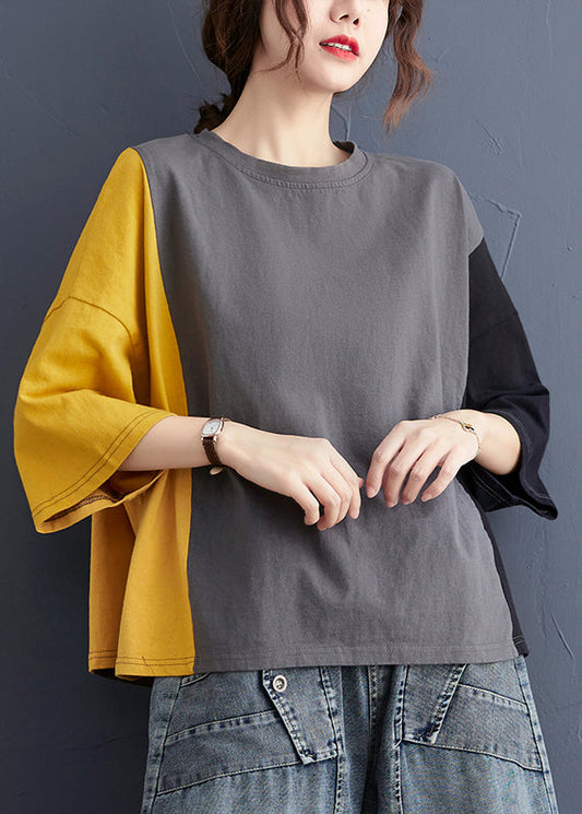Colorblock Oversized Patchwork Cotton Tanks Batwing Sleeve