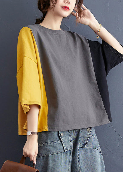 Colorblock Oversized Patchwork Cotton Tanks Batwing Sleeve