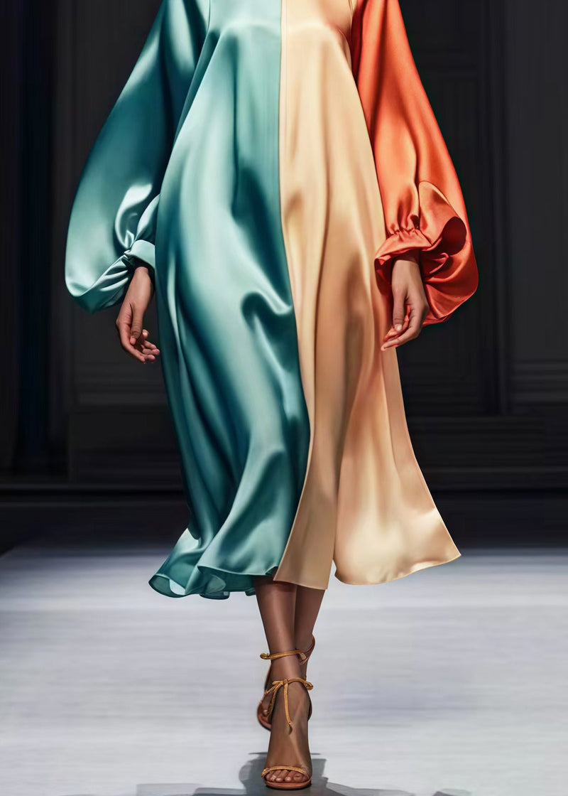 Colorblock Oversized Patchwork Silk Dress Lantern Sleeve