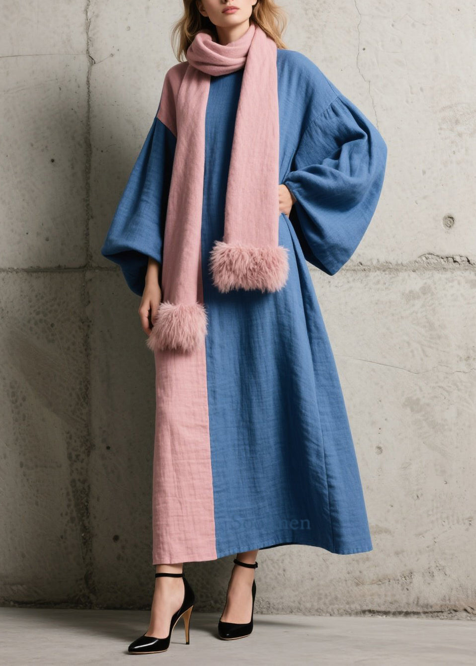 Colorblock Patchwork Cotton Ankle Dress Lantern Sleeve