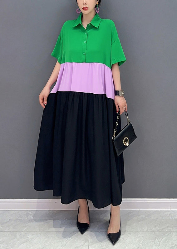 Colorblock Peter Pan Collar Patchwork Cotton a Line Dress Short Sleeve