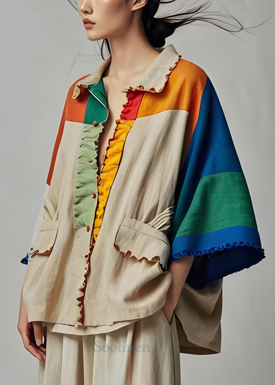 Colorblock Peter Pan Collar Pockets Patchwork Cotton Coat Bracelet Sleeve