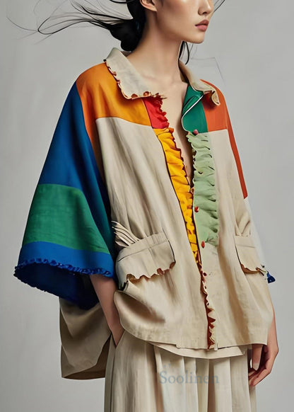 Colorblock Peter Pan Collar Pockets Patchwork Cotton Coat Bracelet Sleeve
