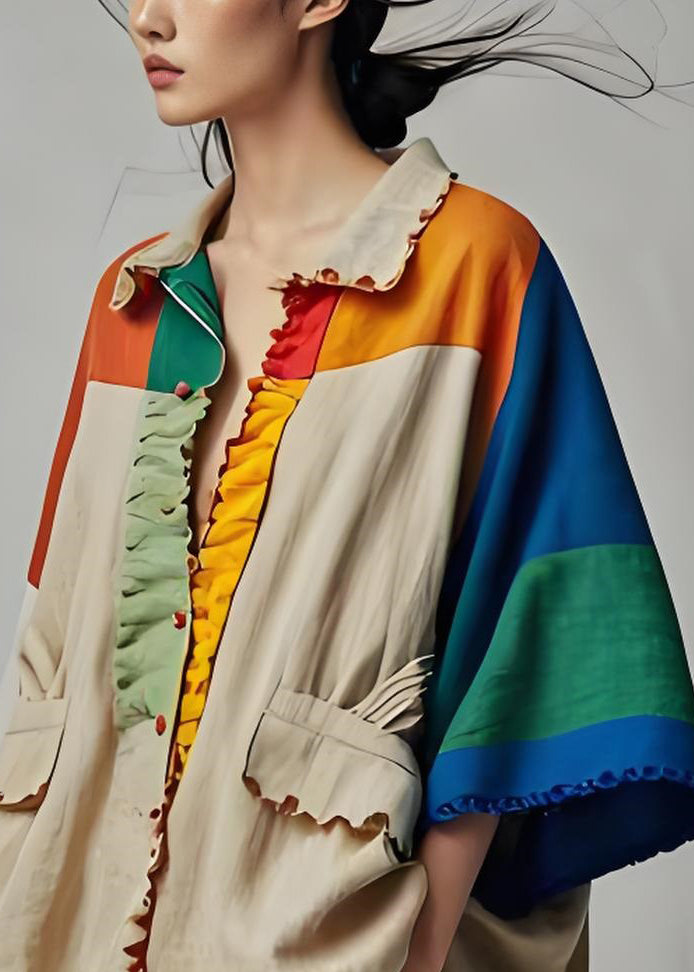 Colorblock Peter Pan Collar Pockets Patchwork Cotton Coat Bracelet Sleeve