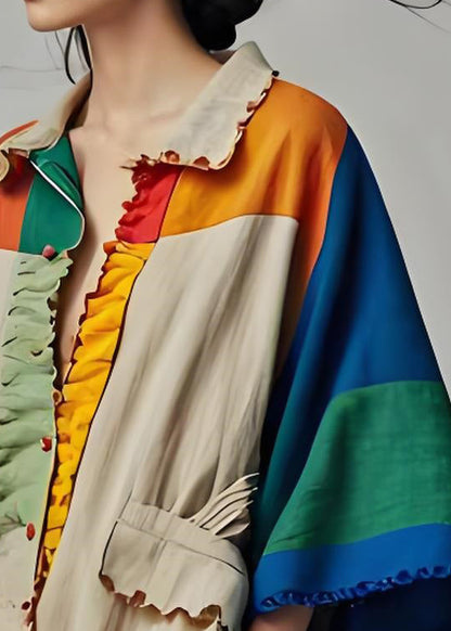 Colorblock Peter Pan Collar Pockets Patchwork Cotton Coat Bracelet Sleeve