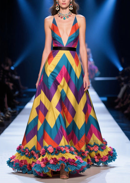 Colorblock Print Flower Decorated Silk Maxi Dress Summer
