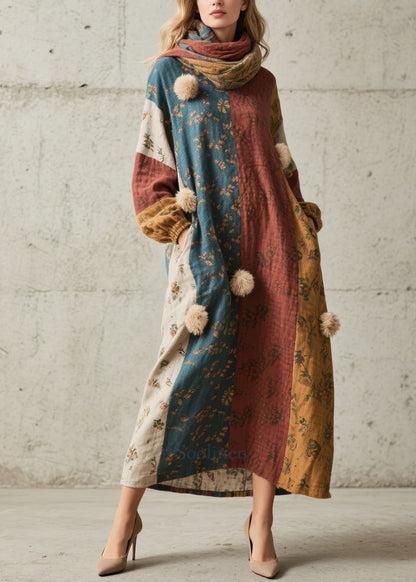Colorblock Print Fuzzy Ball Decorated Cotton Dress Fall