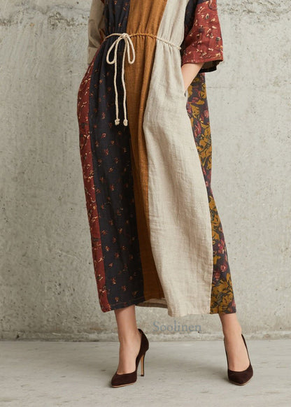 Colorblock Print Lace Up Cotton Dress Summer