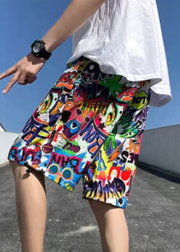 Colorblock Print Pockets Cotton Summer Beach Shorts