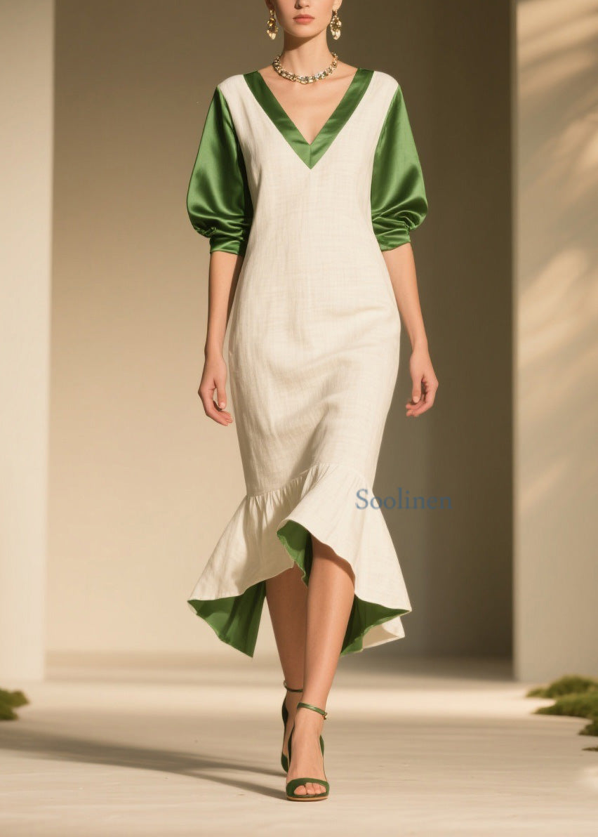 Colorblock Ruffled Patchwork Linen Silk Dress Summer