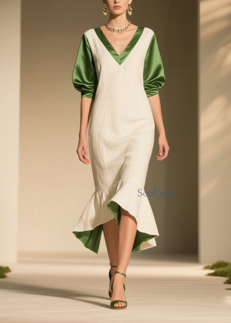 Colorblock Ruffled Patchwork Linen Silk Dress Summer