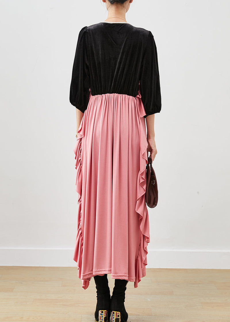 Colorblock Ruffled Patchwork Silk Velour Long Dress Fall