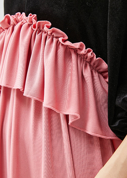 Colorblock Ruffled Patchwork Silk Velour Long Dress Fall