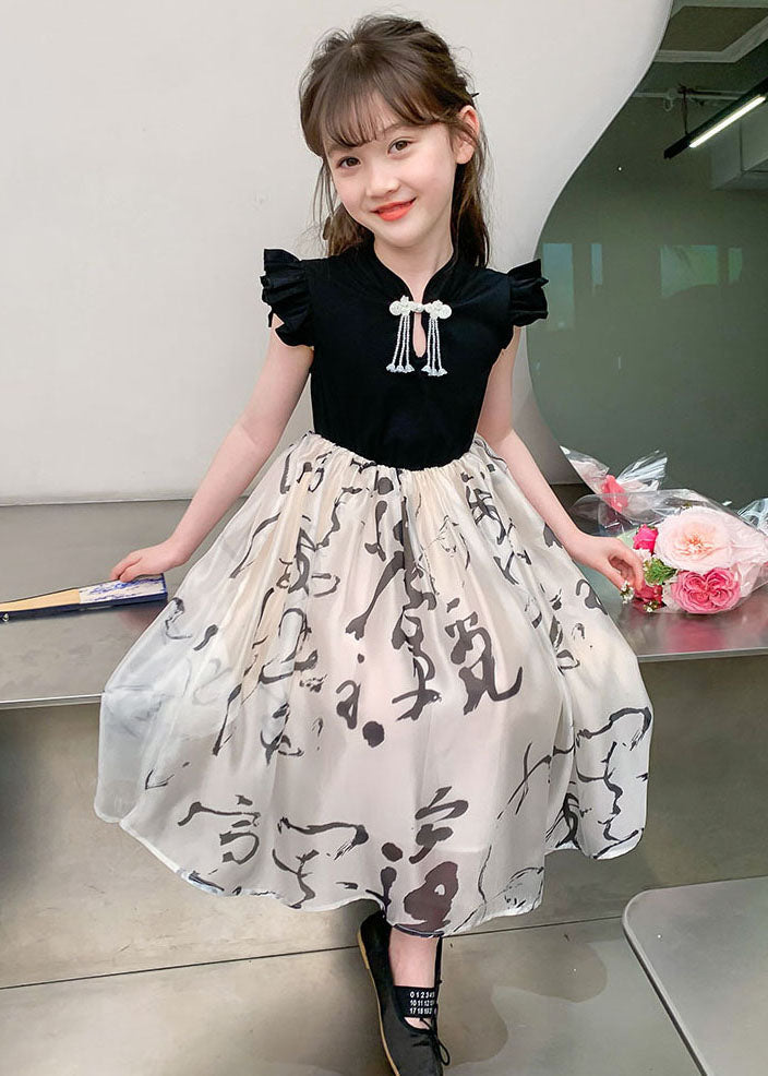 Colorblock Stand Collar Print Kids Maxi Dress Short Sleeve