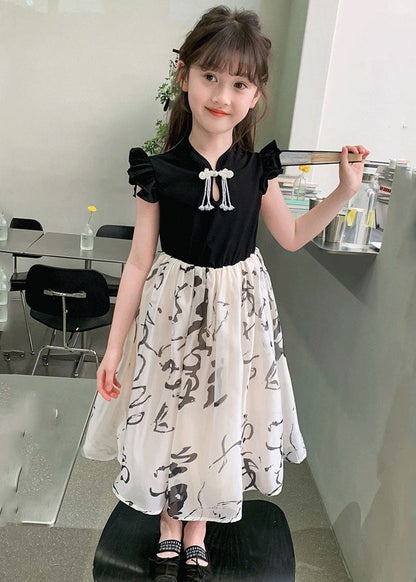 Colorblock Stand Collar Print Kids Maxi Dress Short Sleeve