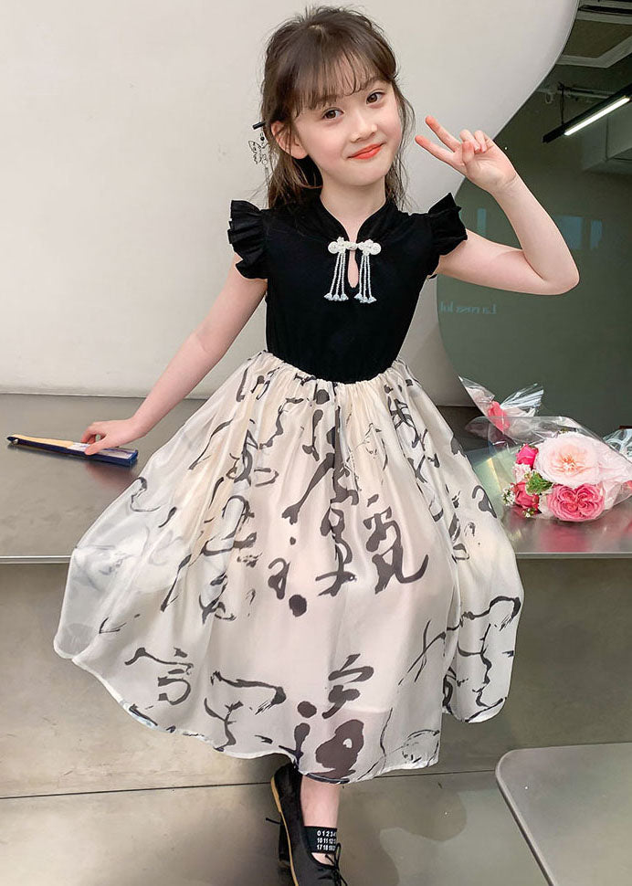 Colorblock Stand Collar Print Kids Maxi Dress Short Sleeve