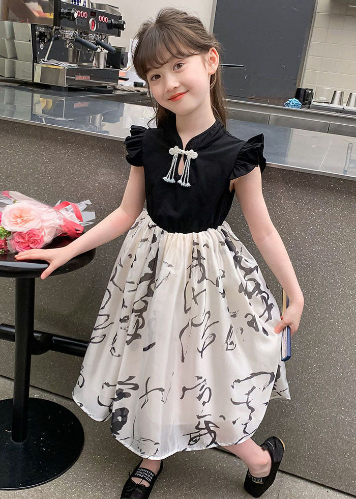 Colorblock Stand Collar Print Kids Maxi Dress Short Sleeve