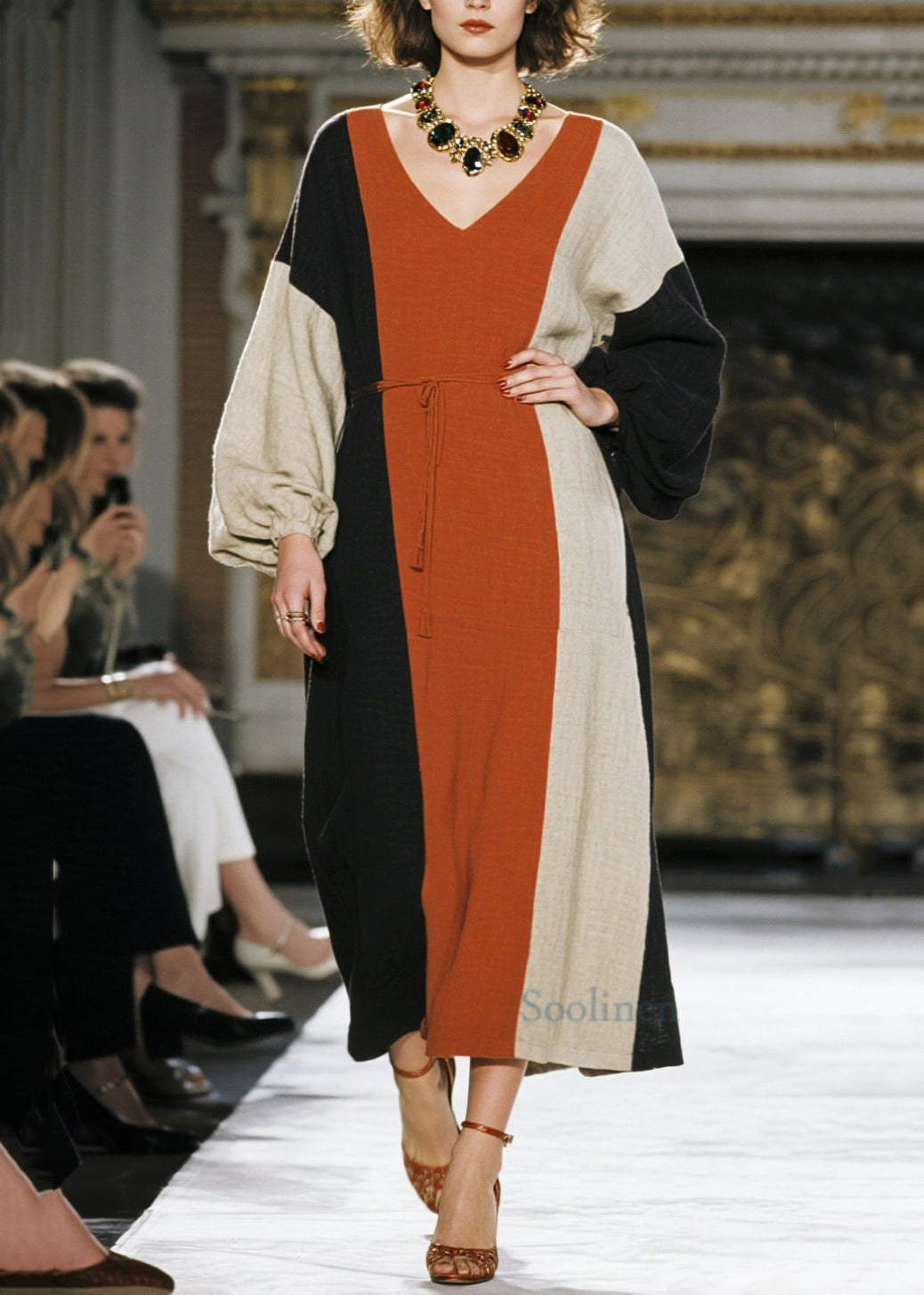 Colorblock Tie Waist Asymmetrical Design Cotton Dresses Spring