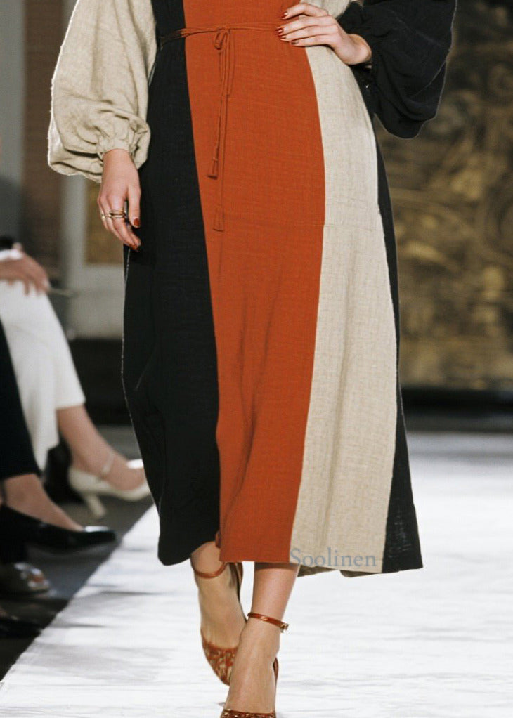 Colorblock Tie Waist Asymmetrical Design Cotton Dresses Spring