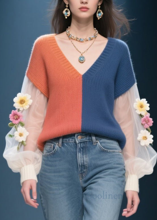 Colorblock Tulle Patchwork Knitted Sweater Fall