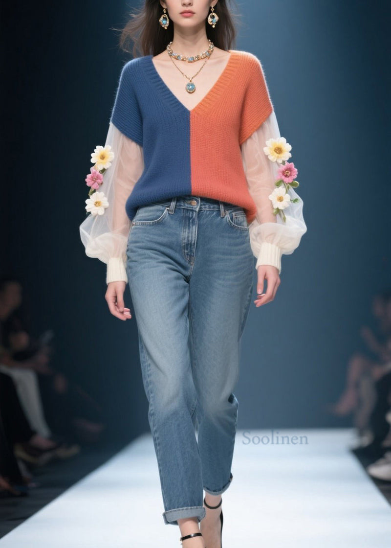 Colorblock Tulle Patchwork Knitted Sweater Fall