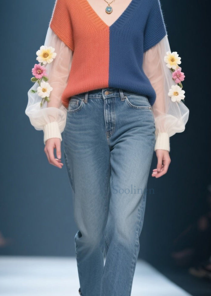 Colorblock Tulle Patchwork Knitted Sweater Fall