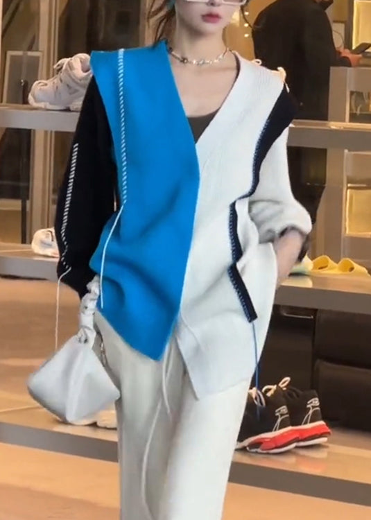 Colorblock V Neck Asymmetrical Patchwork Knit Tops Fall