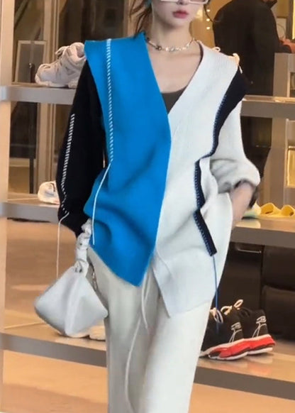 Colorblock V Neck Asymmetrical Patchwork Knit Tops Fall