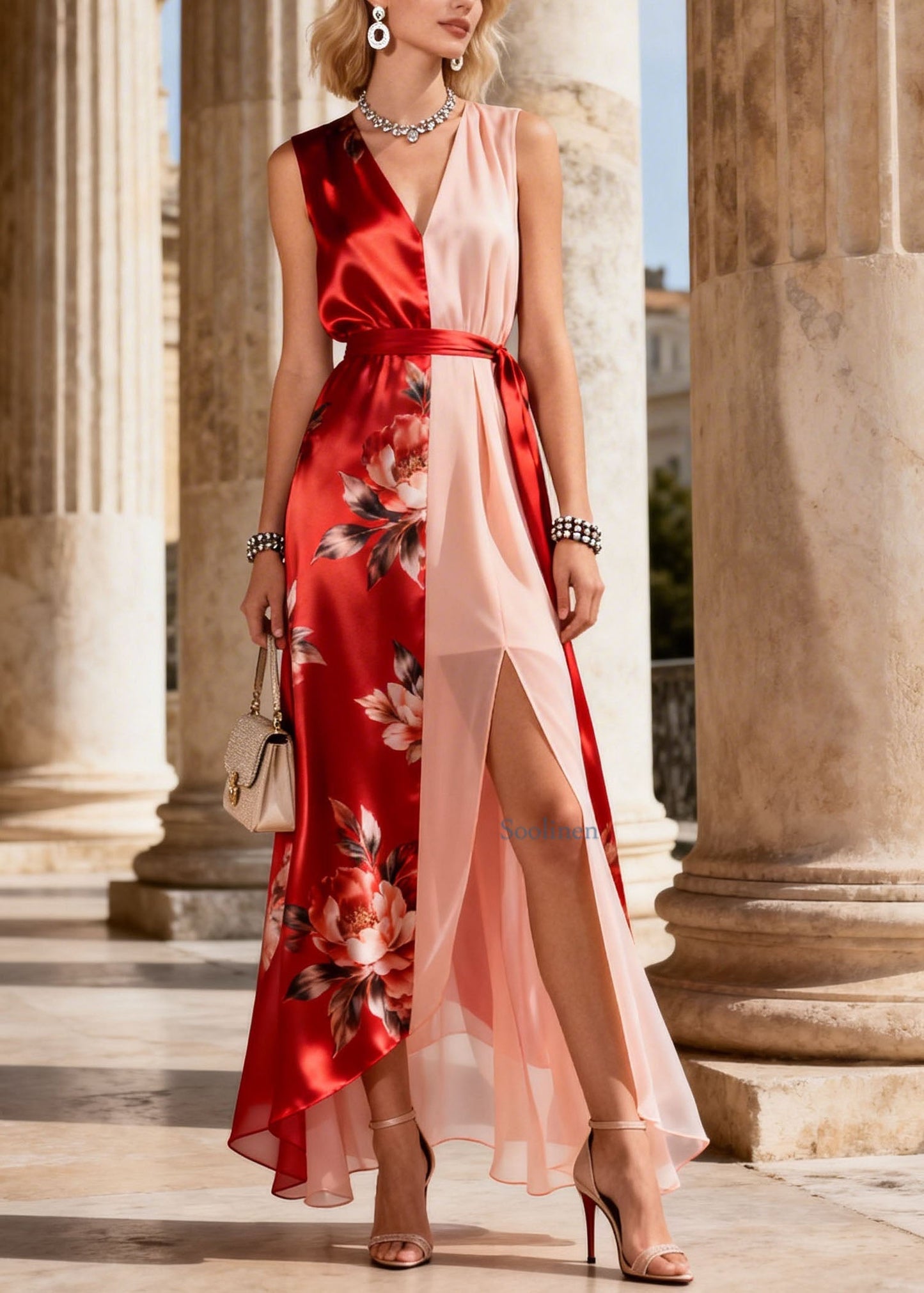 Colorblock V Neck Asymmetrical Print Chiffon Dress Sleeveless