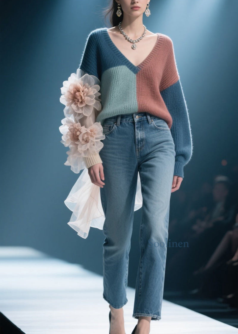 Colorblock V Neck Knit Pullover Fall
