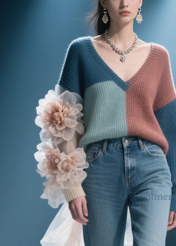 Colorblock V Neck Knit Pullover Fall
