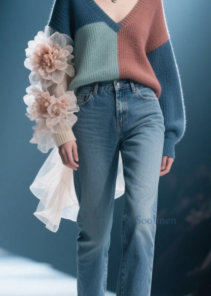 Colorblock V Neck Knit Pullover Fall