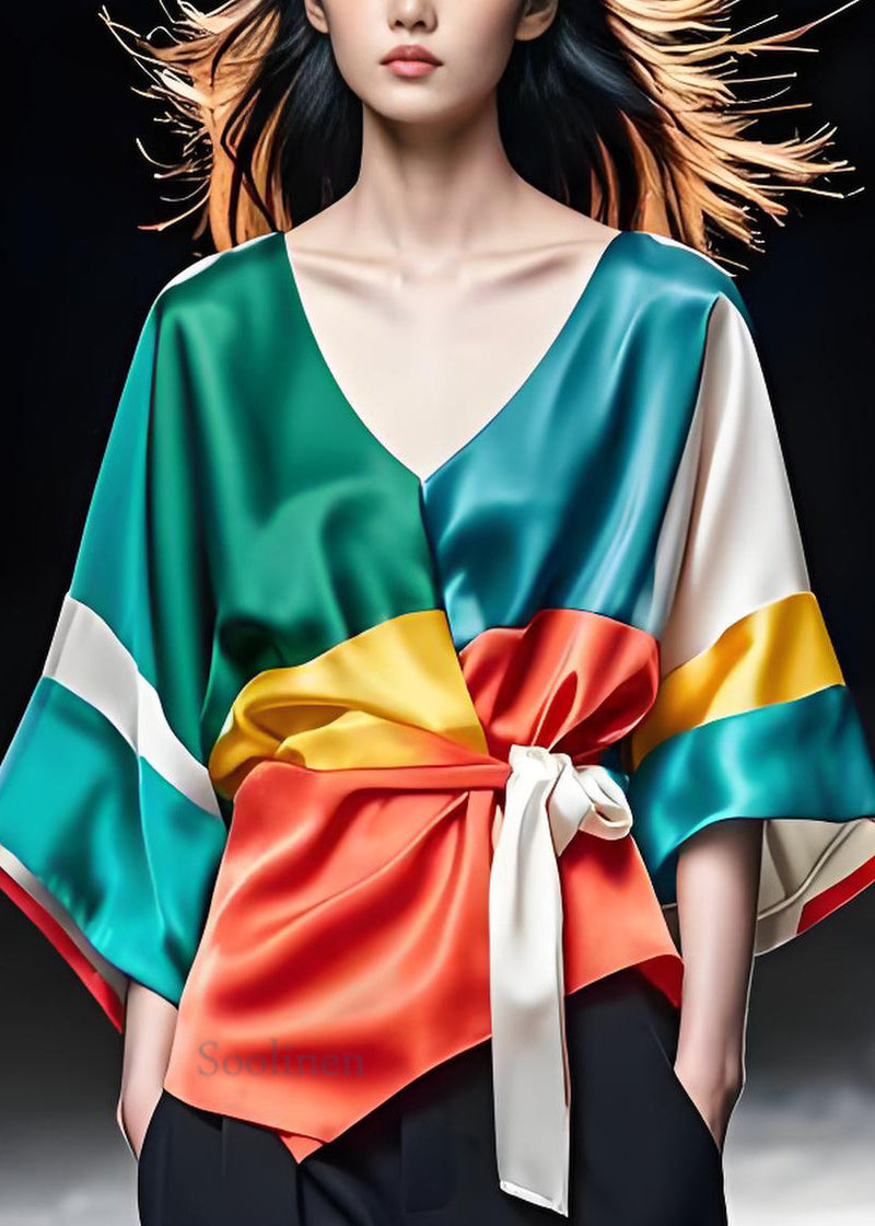 Colorblock V Neck Lace Up Silk Shirts Bracelet Sleeve
