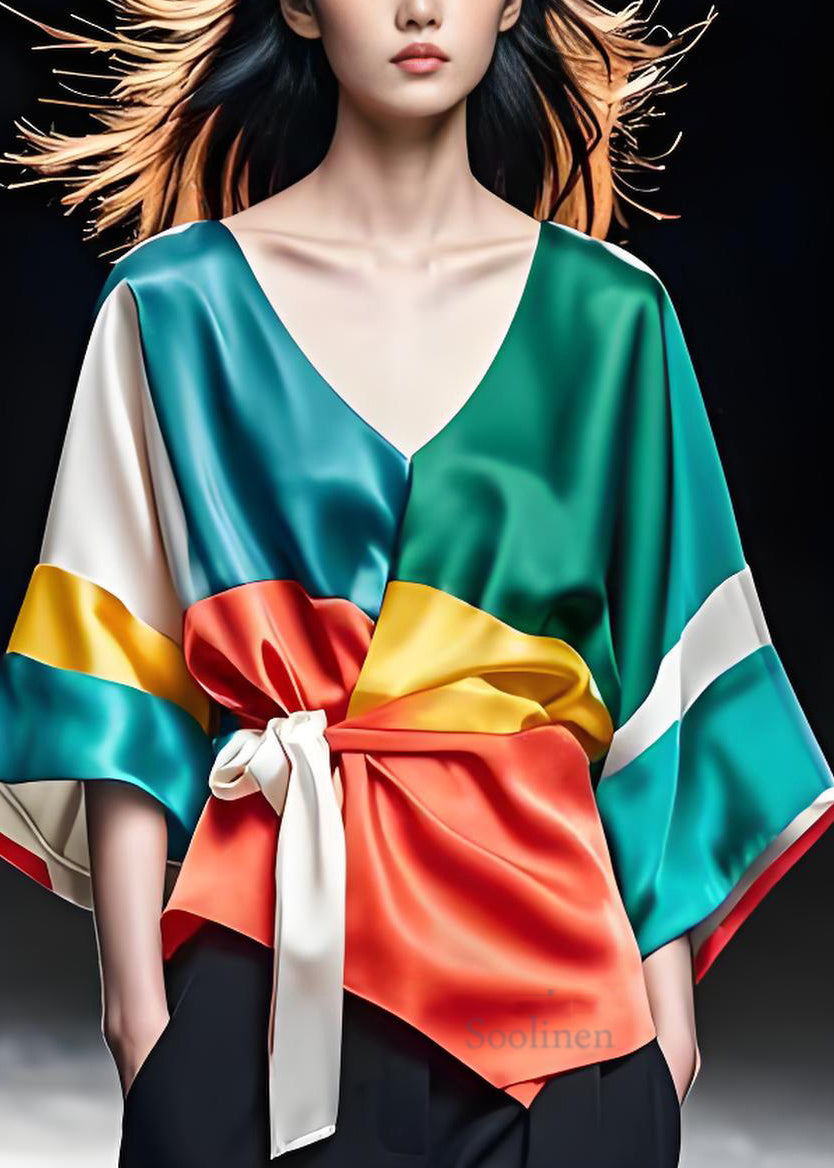 Colorblock V Neck Lace Up Silk Shirts Bracelet Sleeve