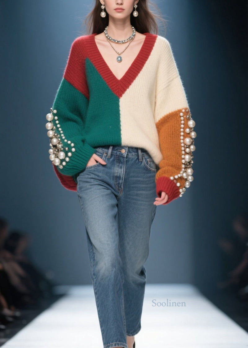 Colorblock V Neck Nail Bead Patchwork Knit Sweater Fall