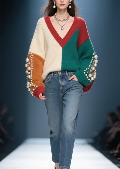 Colorblock V Neck Nail Bead Patchwork Knit Sweater Fall