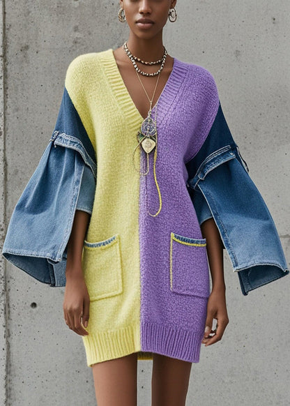 Colorblock V Neck Patchwork Denim Sweater Dress Fall