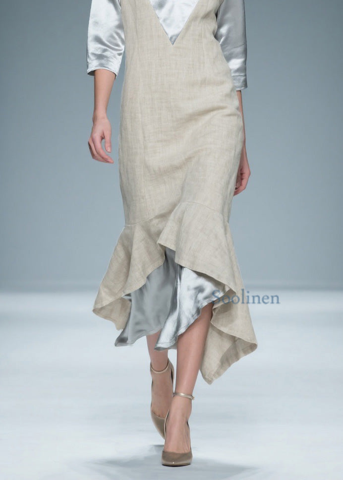 Colorblock V Neck Patchwork Linen Silk Long Dresses Summer
