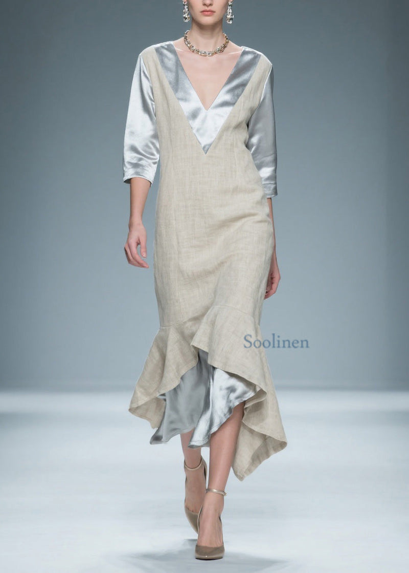 Colorblock V Neck Patchwork Linen Silk Long Dresses Summer