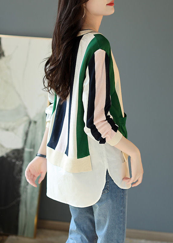 Colorblock V Neck Patchwork Striped Knit Cardigans Spring