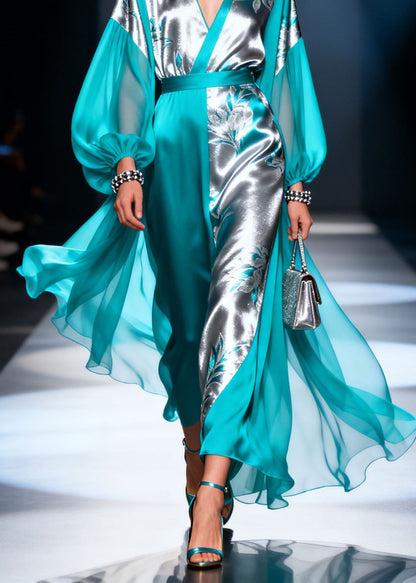 Colorblock V Neck Print Patchwork Silk Dress Lantern Sleeve