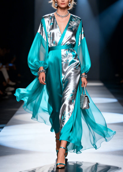 Colorblock V Neck Print Patchwork Silk Dress Lantern Sleeve