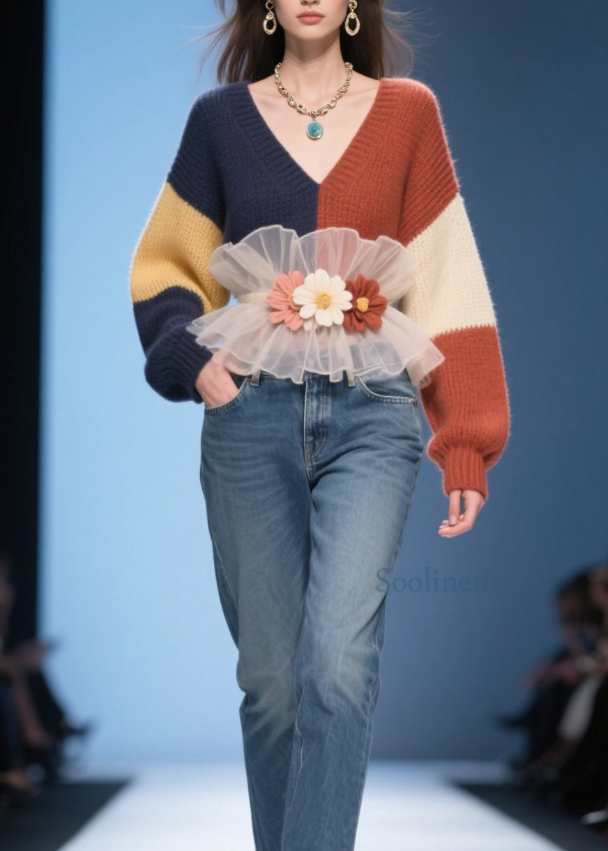 Colorblock V Neck Tulle Ruffled Knit Pullover Fall